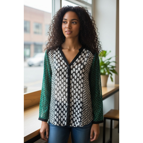 Chico's Tops - 5146)Chico's Sheer Multicolor Geo print Long Sleeve V Neck Blouse 3(US XL/16)